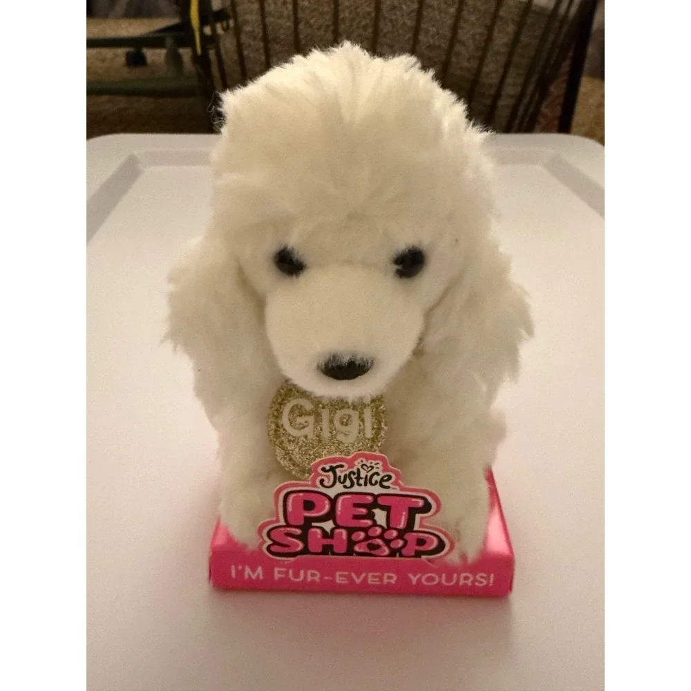 Justice Pet Shop Gigi White Poodle Plush Toy Gold Glitter Collar Clip 73061199